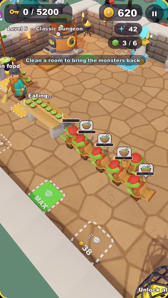 A line of goblin helpers eating soup at the feeding table