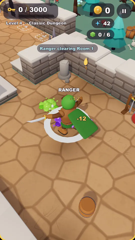 A Ranger hero fighting a slime monster in a dungeon cellar